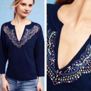 Anthropologie Moth Embellished Sweater Top Size Medium in Navy/ Multi $140
